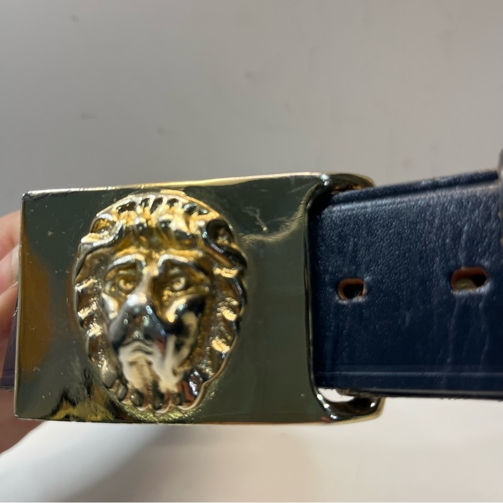 Vintage Navy Genuine English Bridle Leather Belt with Gold Lionhead Pin Buckle - Picture 4 of 11